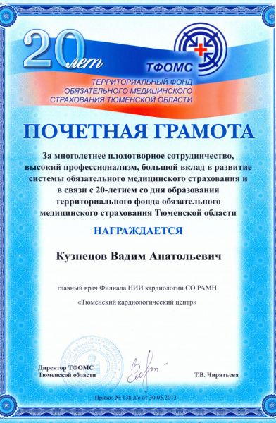 Почетная грамота от Территориального фонда обязательного медицинского страхования Тюменской области, 2013 г.