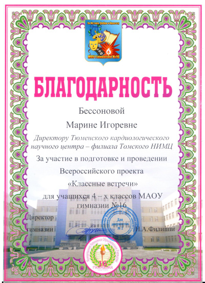 Благодарность за участие в проведении Всероссийского проекта "Классные встречи"