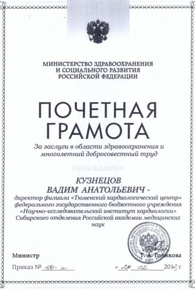 Почетная грамота директору В.А. Кузнецову за заслуги в области здравоохранения и многолетний добросовестный труд, 2012 г.